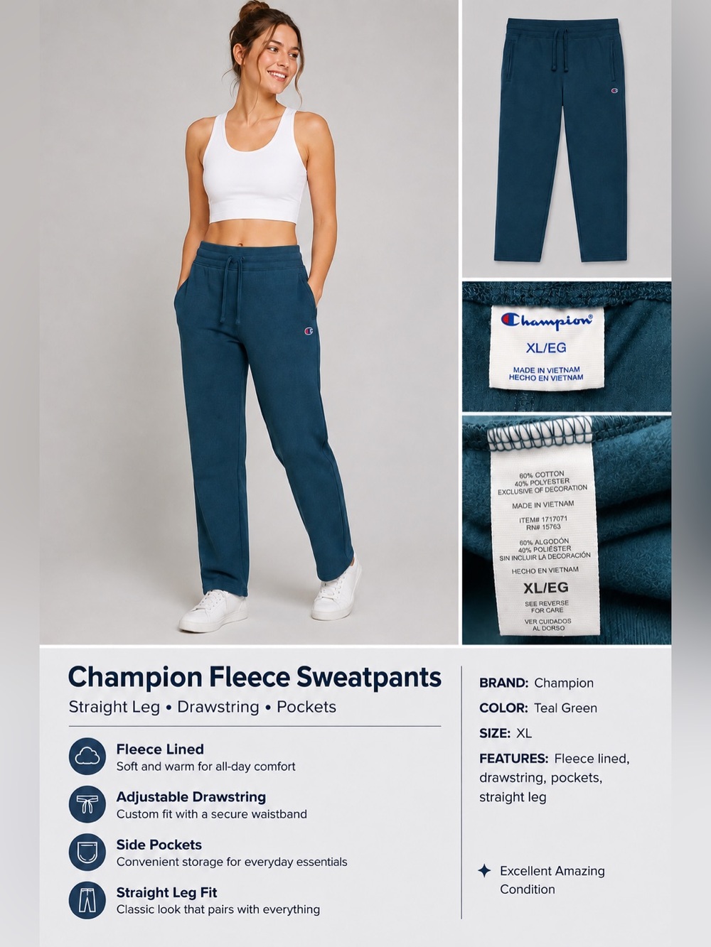 Champion Women’s Teal Green Fleece Straight Leg Sweatpants Size XL